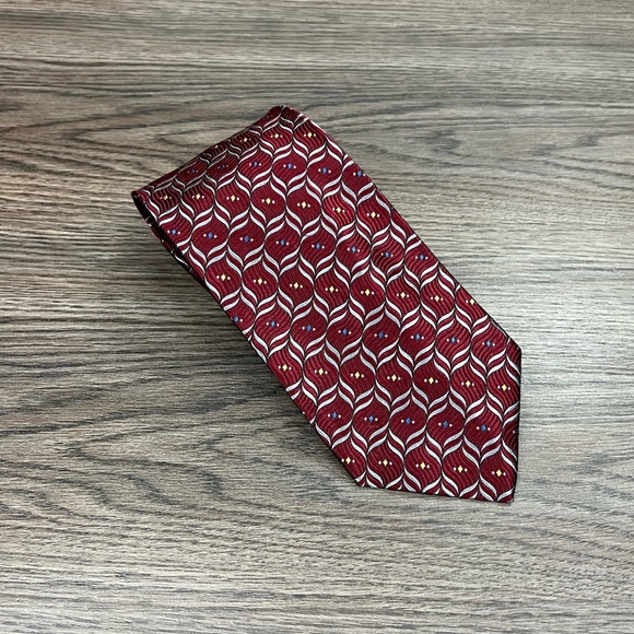 Jos A Bank Maroon w/ Grey, Gold & Blue Check Silk Tie - Picture 1 of 4